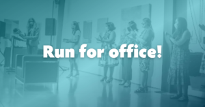 "Run for office" appears over a group of Emerge women speaking.