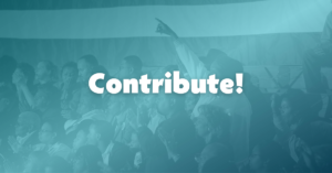 "Contribute!" appears over a group of people at a political event.
